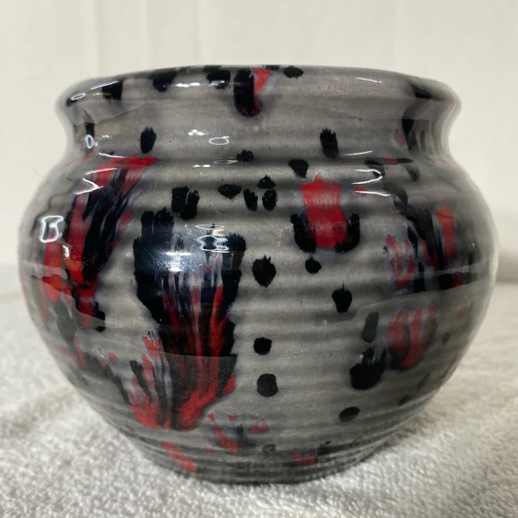 Vintage 1978 Ceramic  Pottery Grey Black Red Glaze Bowl Planter Vase - Picture 4 of 14